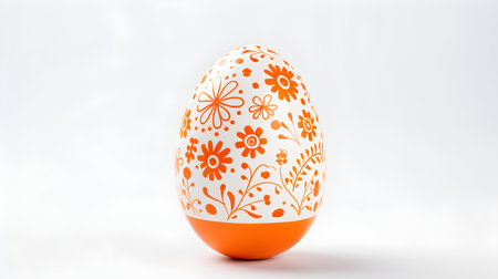 Hand Painted Easter Egg in orange colors on a white background. Elegant Easter template with copy spaceの素材