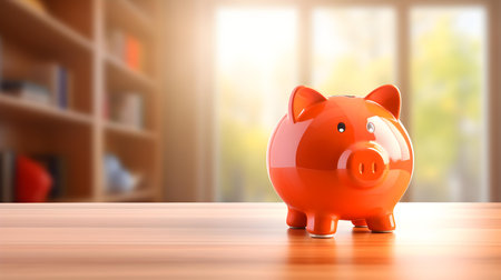 Orange Piggy Bank on a wooden table. Blurred Interior Backgroundの素材