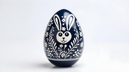 Hand Painted Easter Egg in navy blue colors on a white background. Elegant Easter template with copy spaceの素材