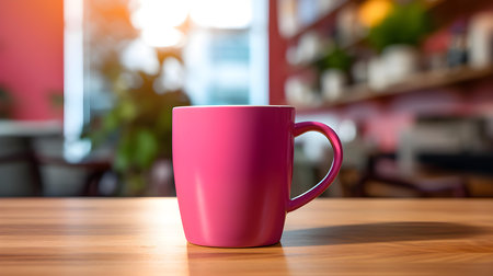 Magenta coffee cup on a wooden table. Blurred Interior Backgroundの素材