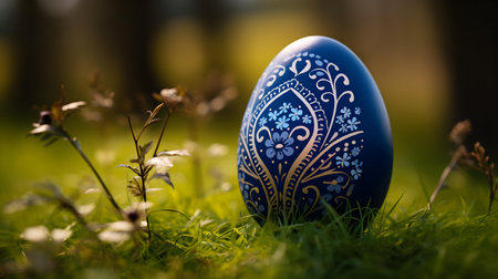Close up of a navy blue Easter Egg in the grass. Blurred natural backgroundの素材