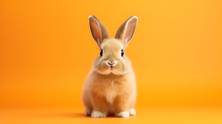 Fluffy Bunny in front of an orange wallpaper. Blank background with copy spaceの素材