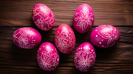 Top view of pink Easter eggs on a wooden background. Beautiful Easter wallpapersの素材