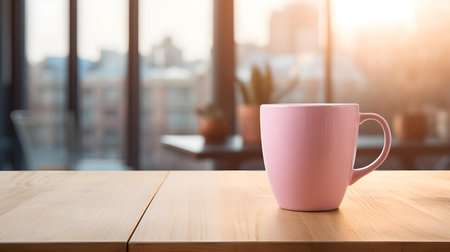 Pink coffee cup on a wooden table. Blurred Interior Backgroundの素材
