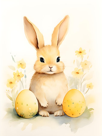 Watercolor drawing of a light yellow bunny on a white background. Easter Card Template with Copy Spaceの素材