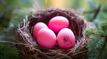 Pink Bird Eggs in a Nest. Blurred Forest Backgroundの素材