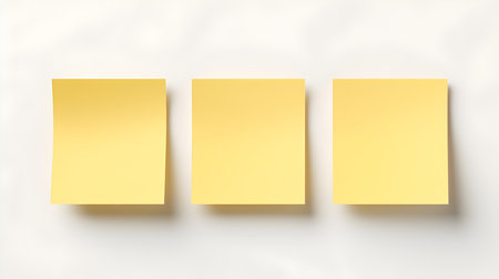 Set of light yellow square paper notes on a white background. Brainstorming template with copy spaceの素材