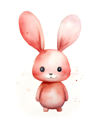 Watercolor drawing of a light red bunny on a white background. Easter Card Template with Copy Spaceの素材