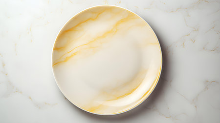 Top view of an empty plate in light yellow colors on a white marble background. Elegant template with copy spaceの素材