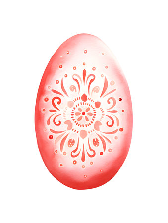 Drawing of an Easter Egg in light red watercolors. White background with copy spaceの素材