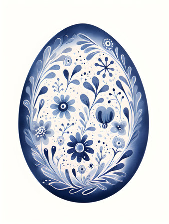 Drawing of an Easter Egg in navy blue watercolors. White background with copy spaceの素材