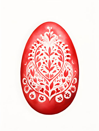 Drawing of an Easter Egg in red watercolors. White background with copy spaceの素材