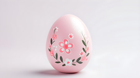 Hand Painted Easter Egg in light pink colors on a white background. Elegant Easter template with copy spaceの素材