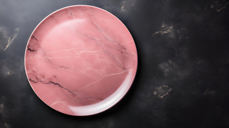 Top view of an empty plate in pink colors on a black marble background. Elegant template with copy spaceの素材