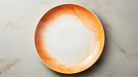 Top view of an empty plate in orange colors on a white marble background. Elegant template with copy spaceの素材