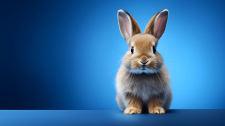 Fluffy Bunny in front of a navy blue wallpaper. Blank background with copy spaceの素材