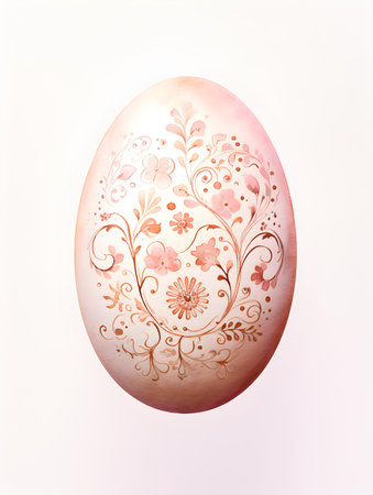 Drawing of an Easter Egg in rose gold watercolors. White background with copy spaceの素材