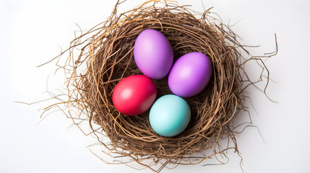 Top view of multicolor eggs in a nest on a white background. Easter template with copy spaceの素材