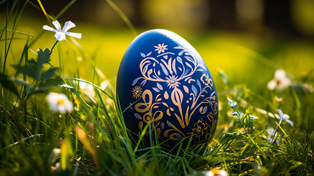 Close up of a navy blue Easter Egg in the grass. Blurred natural backgroundの素材