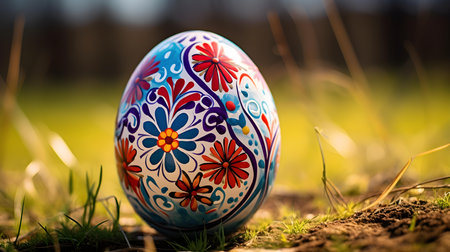 Close up of a multicolor Easter Egg in the grass. Blurred natural backgroundの素材