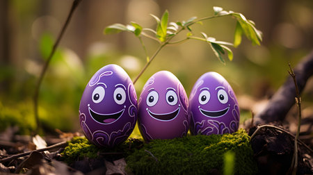 Close up of purple Easter eggs in the nature. Blurred Forest Backgroundの素材