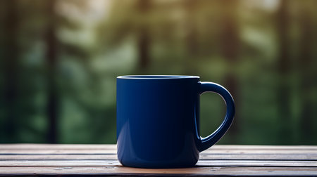Close up of a navy blue mug on a wooden table in a forest. Blurred natural backgroundの素材