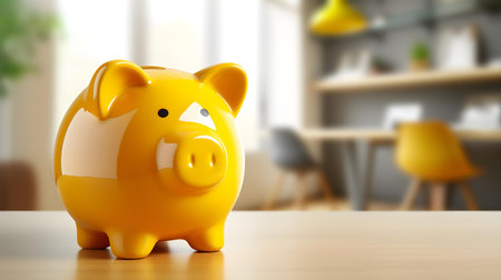 Light Yellow Piggy Bank on a wooden table. Blurred Interior Backgroundの素材
