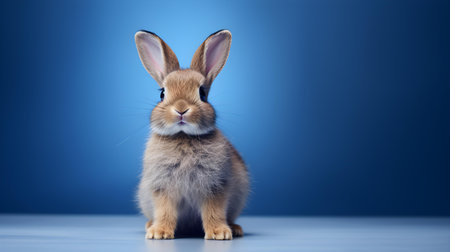 Fluffy Bunny in front of a navy blue wallpaper. Blank background with copy spaceの素材