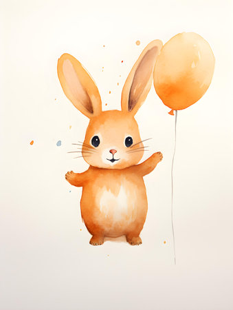 Watercolor drawing of an orange bunny on a white background. Easter Card Template with Copy Spaceの素材