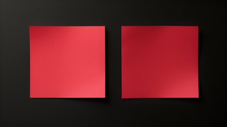 Two red square paper notes on a black background. Brainstorming template with copy spaceの素材