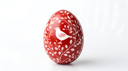 Hand Painted Easter Egg in red colors on a white background. Elegant Easter template with copy spaceの素材