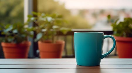 Balcony view of a turquoise mug on a wooden table. Close up with a blurred backgroundの素材