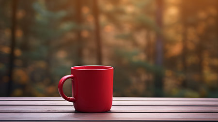 Close up of a red mug on a wooden table in a forest. Blurred natural backgroundの素材