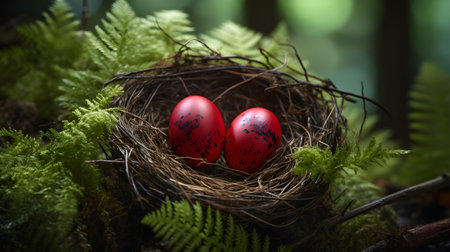Red Bird Eggs in a Nest. Blurred Forest Backgroundの素材