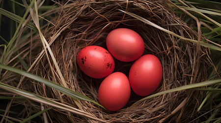 Close up of red eggs in a nest among spring grass. Selective focusの素材