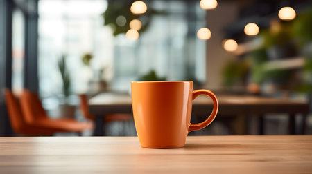 Orange coffee cup on a wooden table. Blurred Interior Backgroundの素材