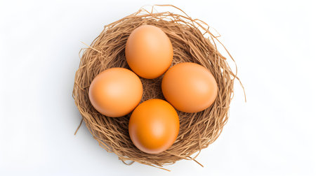 Top view of orange eggs in a nest on a white background. Easter template with copy spaceの素材