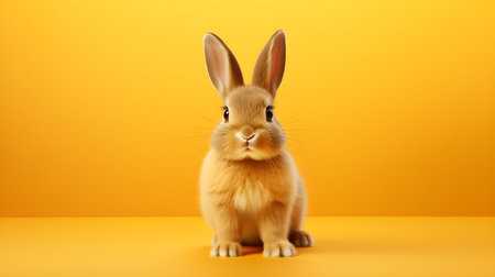 Fluffy Bunny in front of an orange wallpaper. Blank background with copy spaceの素材