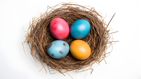 Top view of multicolor eggs in a nest on a white background. Easter template with copy spaceの素材
