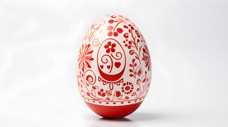 Hand Painted Easter Egg in red colors on a white background. Elegant Easter template with copy spaceの素材