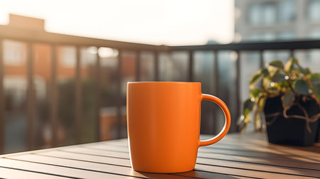 Balcony view of an orange mug on a wooden table. Close up with a blurred backgroundの素材