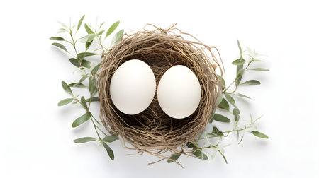 Top view of white eggs in a nest on a white background. Easter template with copy spaceの素材