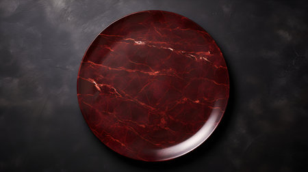 Top view of an empty plate in red colors on a black marble background. Elegant template with copy spaceの素材