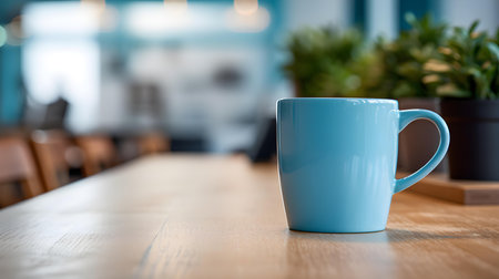 Sky Blue Coffee Cup on a wooden table. Blurred Interior Backgroundの素材