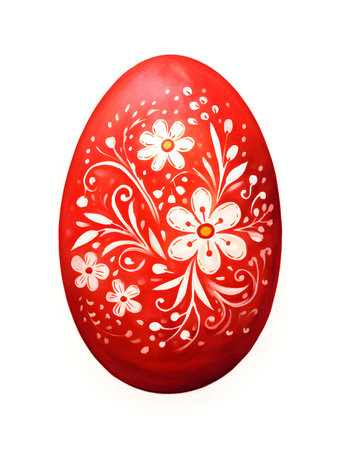 Drawing of an Easter Egg in red watercolors. White background with copy spaceの素材