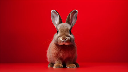 Fluffy Bunny in front of a red wallpaper. Blank background with copy spaceの素材