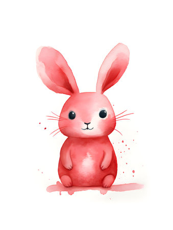 Watercolor drawing of a red bunny on a white background. Easter Card Template with Copy Spaceの素材