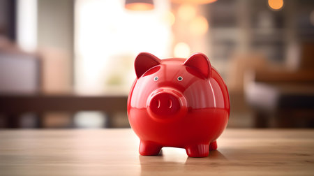 Ruby Piggy Bank on a wooden table. Blurred Interior Backgroundの素材