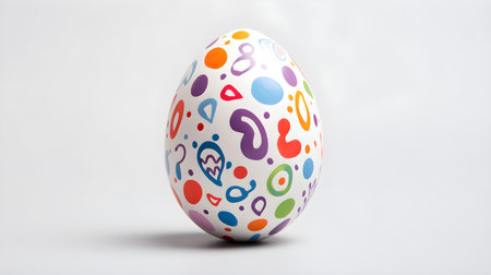 Hand Painted Easter Egg in multiple colors on a white background. Elegant Easter template with copy spaceの素材