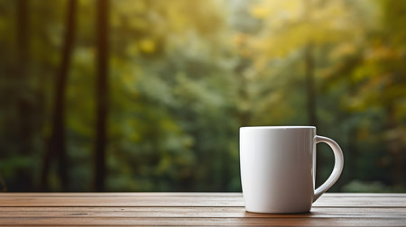Close up of a white mug on a wooden table in a forest. Blurred natural backgroundの素材